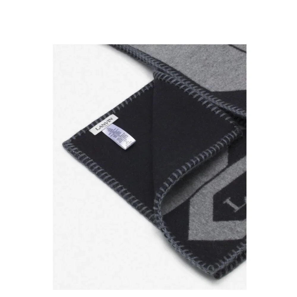 Lanvin Paris Wool Scarf Gray Black Geometric Logo Fringe NEW
